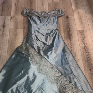 Jovani Asymmetrical Off-Shoulder Dress in Silver and Gray